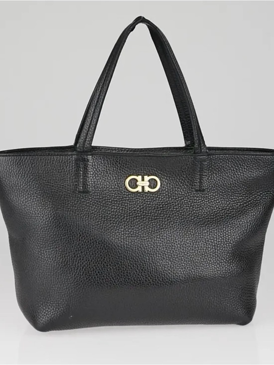 Salvatore Ferragamo Handbags - Salvatore Ferragamo Black Pebbled Leather Tote with Gold Gancio